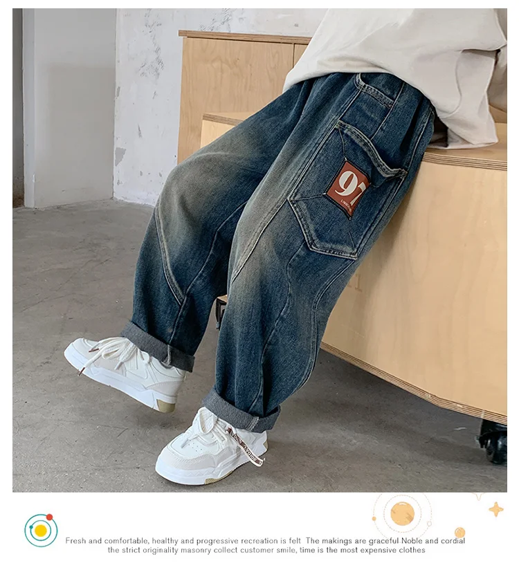 Modische Kinder-Designer-Cargo-Jeans mit Patchwork und Tasche für Schuljungen, hochwertige Denim-Hosen, Teenager- und Kinder-Luxuskleidung, Jeans – Detail 6