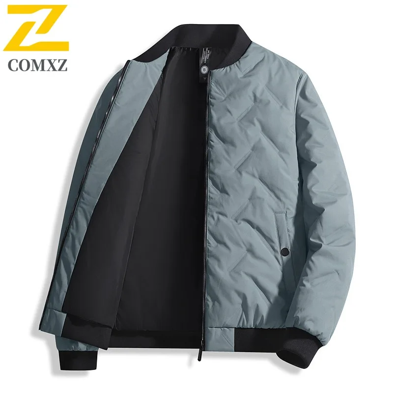 

COMXZ Мужская однотонная легкая белая куртка на утином пуху, зимнее толстое теплое пуховое пальто, свободный крой с воротником-стойкой, морозостойкий плащ