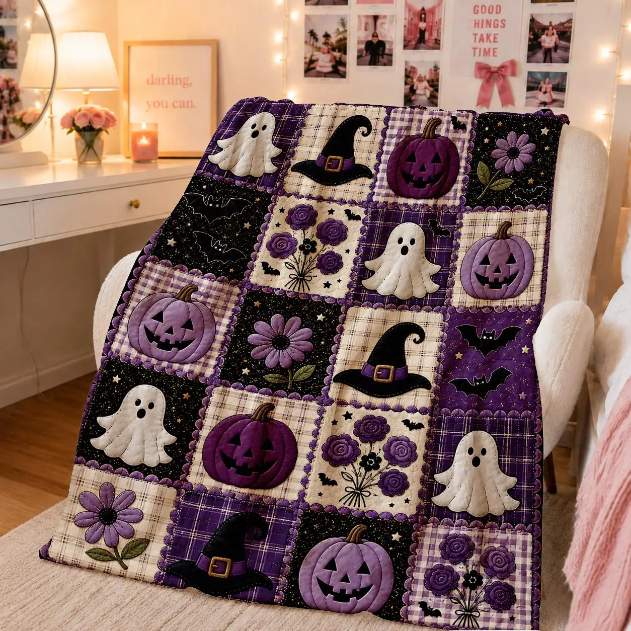 1pc Dreamy Purple Halloween Patchwork Style Flannel Blanket with White Ghosts, Purple Jack O Lanterns, Black Witch Hats, Bats And Floral Squares, Vintage Cozy 2D Printed Throw for Bedroom, Sofa, Bed, Nap And Fall Home Decor