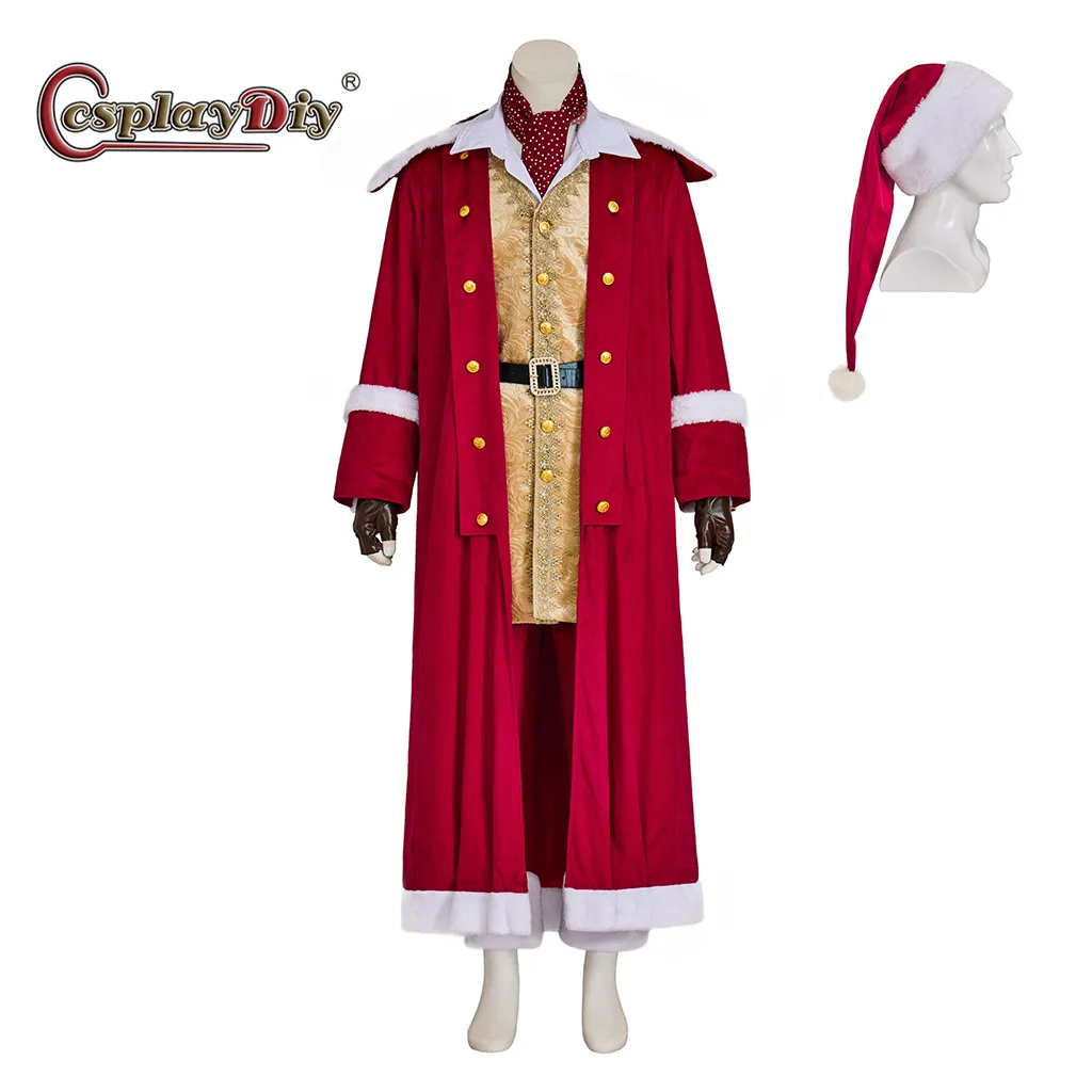 Movie Through Snow Eddie Santa Claus Cosplay Men's Red Coat Top Pants with Hat Scarf Christmas Fancy Outfits Medieval Santa suit