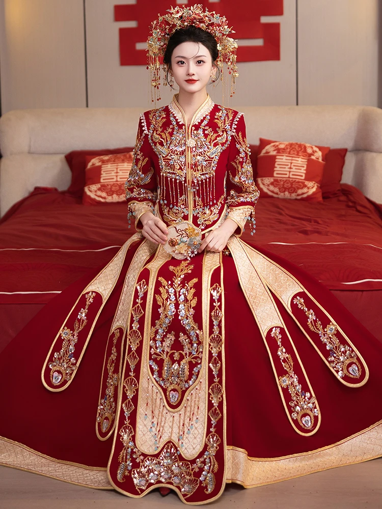 

Velvet Xiuhe Clothing Embroidered Pearl Chinese Style Wedding Dress Retro Wedding Dress Men's and Women's Set chinese costume