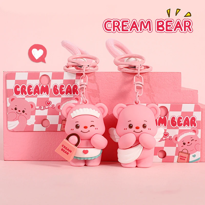 Cartoon Original Pink Adorable Angel Wings Cream Bear Keychain Doll Cute Handbag Apron Winking Bear Animal Key Chain Bag Pendant