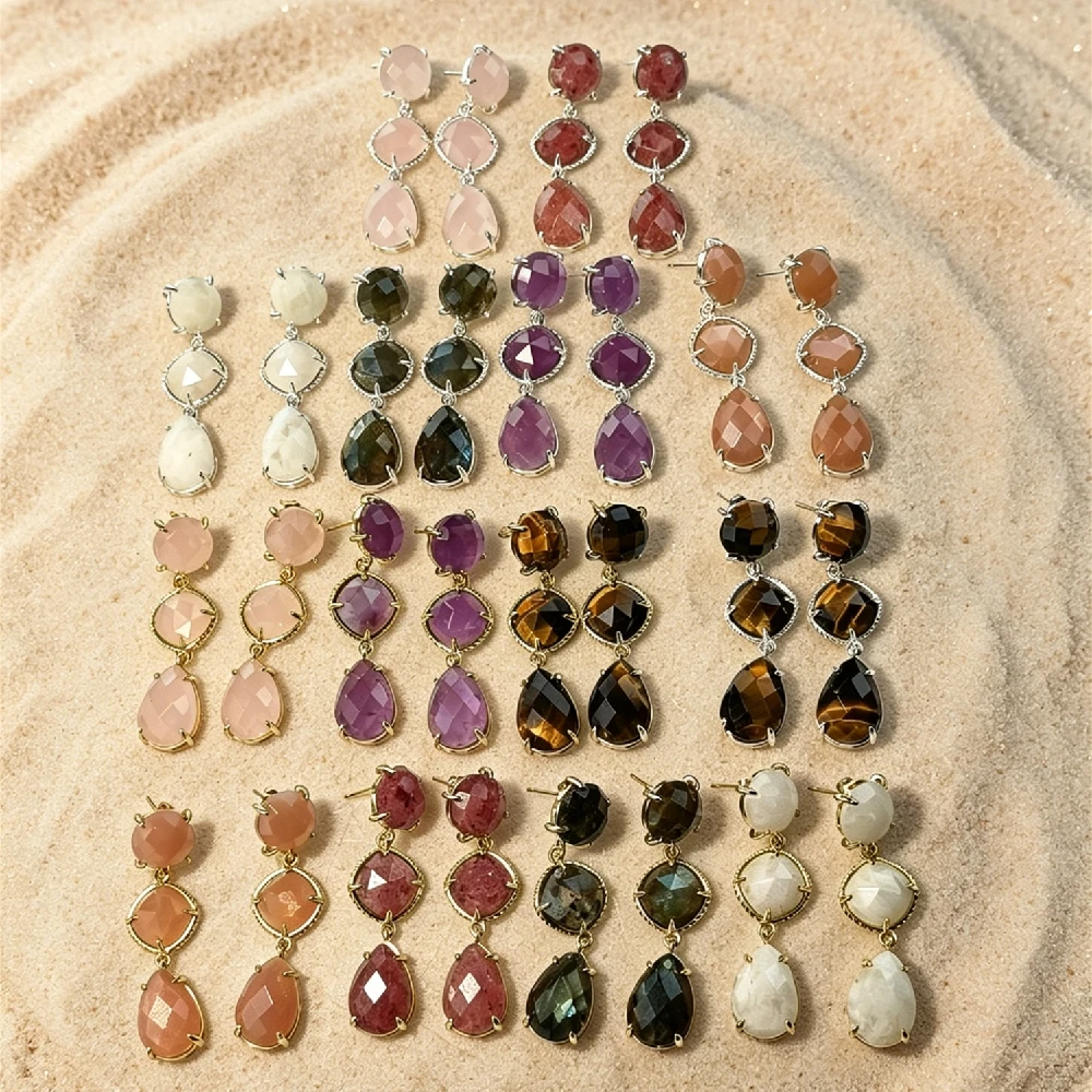Graduated 3-Tier Bezel Set Drop Earrings Faceted Natural Gemstone Gold Silver Plated Bulk Healing Stone Ear Jewelry E2R481