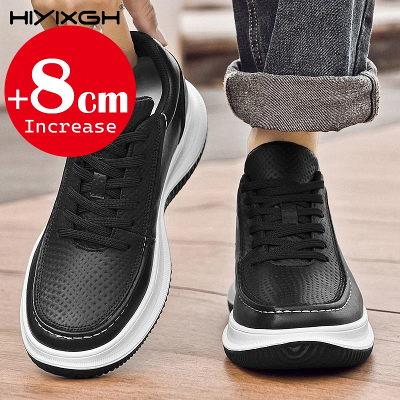 

8cm Invisible Height Increase Sneakers for Men Breathable Genuine Leather Lightweight Elevator Shoes Comfortable Walking Sports