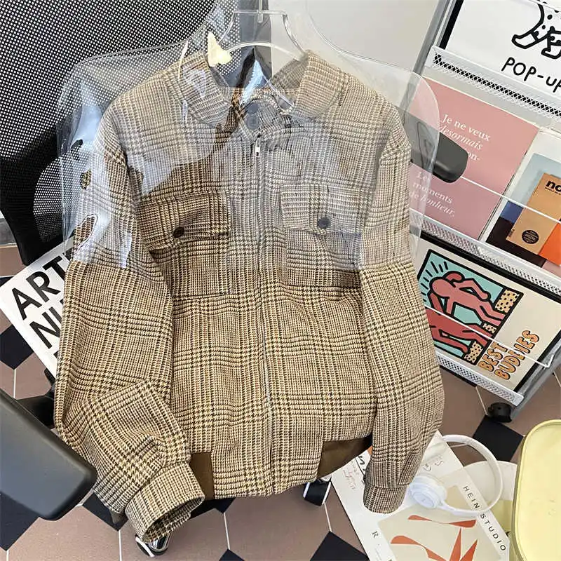 Damen Braun Kariert Herbst Jacke Mantel Vintage Harajuku Ästhetische Langarm Harrington Jacke Oberbekleidung 2000er Jahre Mode Kleidung