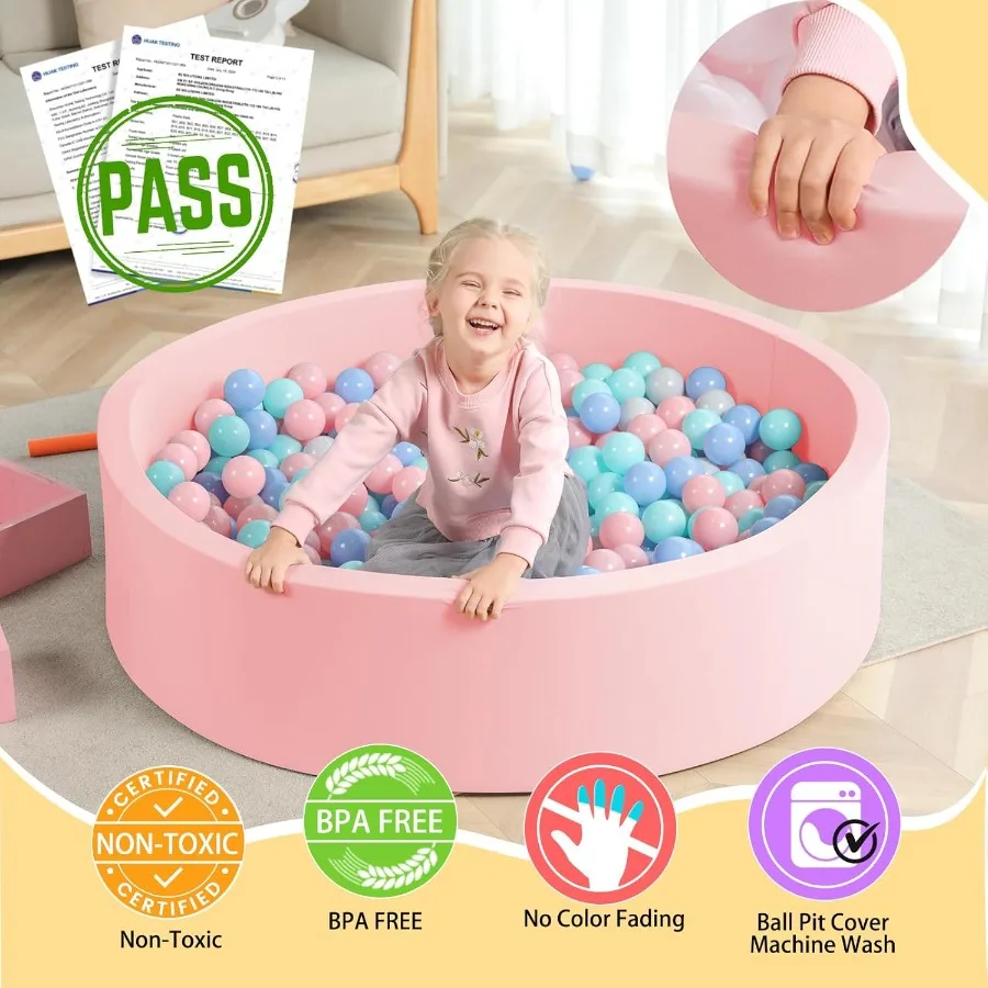 Pozzo per palline in schiuma morbida extra large da 51,2 x 11,8 pollici SENZA palline in spugna grande Piscina per palline rotonde per interni Box rotondo per bambini Rosa chiaro