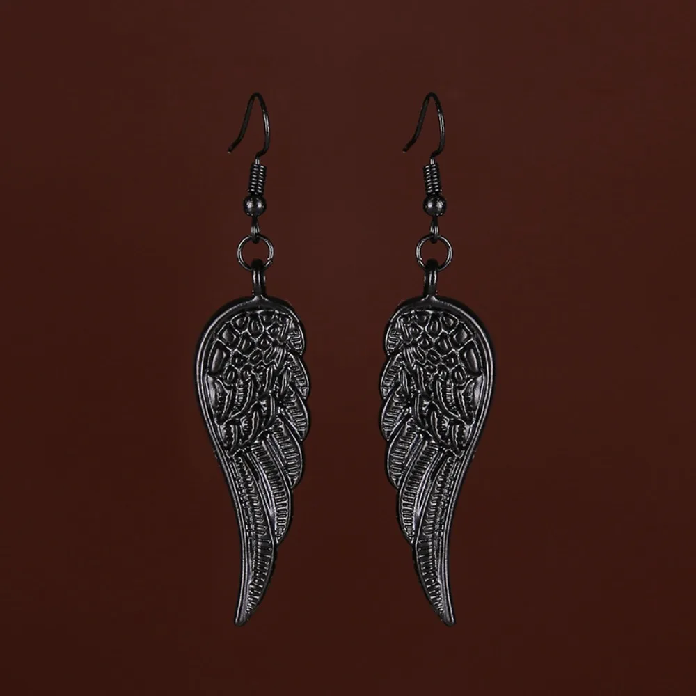 Gothic Retro Black Sliver Color Angel Wing Feathers Pendant Dangle Earrings for Women Hallowmas Party Jewelry Accessories Gifts