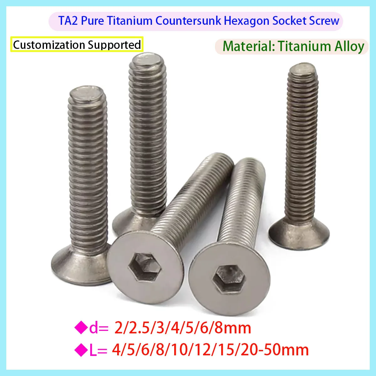 

TA2 Pure Titanium Gr2 Hexagonal Countersunk Head Flat Head Bolt Screw M2 M2.5 M3 M4 M5 M6 M8