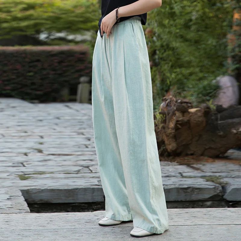 Yourqipao Pantaloni estivi in ramie di canapa e cotone Lavaggio con sabbia Pantaloni dritti casual retrò pizzicati in stile cinese per le donne