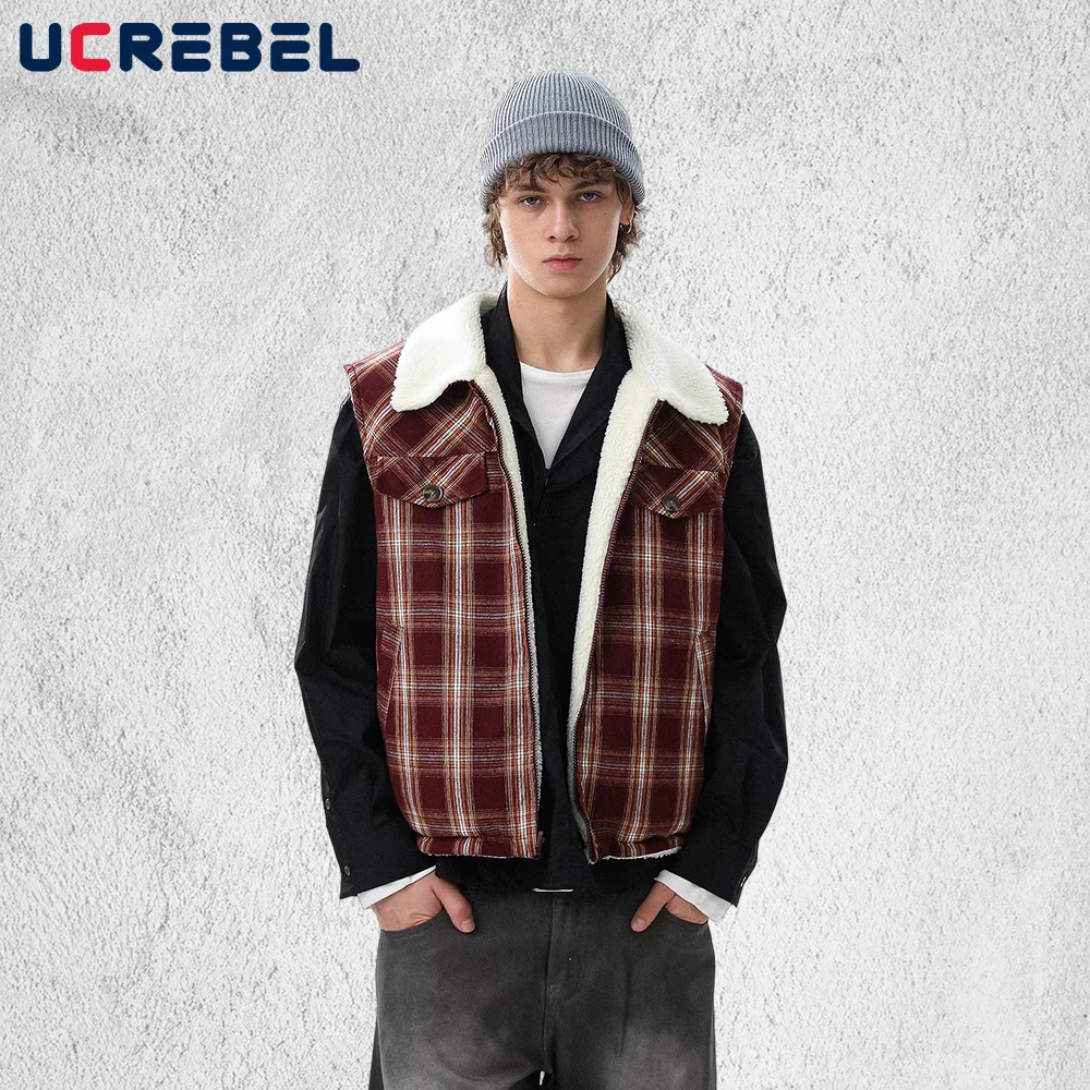 

Клетчатый двусторонний жилет, мужская куртка с вышивкой букв, зимний ретро уличный жилет без рукавов с лацканами на шнурке, мужской жилет