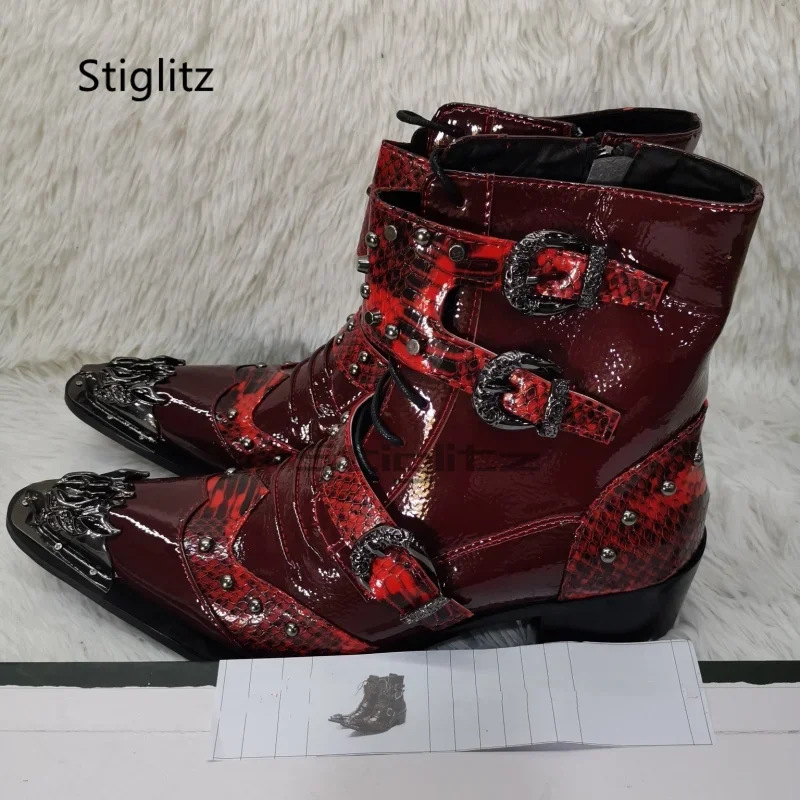 Wine Red Snake Pattern Men's Boots High Heels Genuine Leather Ankle Boots Metal Pointed Toe Shoes Belt Buckle Chelsea Boots