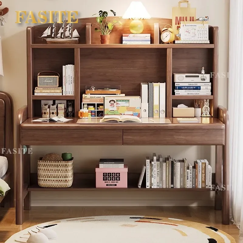 For Solid Wood Desk Bookshelf Integrated Children Study Table Household Bedroom Liftable Computer Desk Student Writing