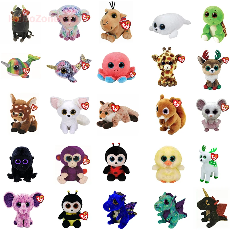 15cm Ty Beanie Big Eyes Stuffed Plush Toy Cattle Sheep Turtle Narwhal Octopus Deer Fox Mouse Monkey Dinosaur Cow Children Gifts