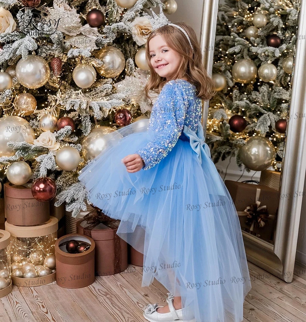 Elegante o-collo fiori blu ragazze abiti maniche lunghe fiocco Glitter paillettes vestito da ballo alto basso bambini festa di compleanno vestito