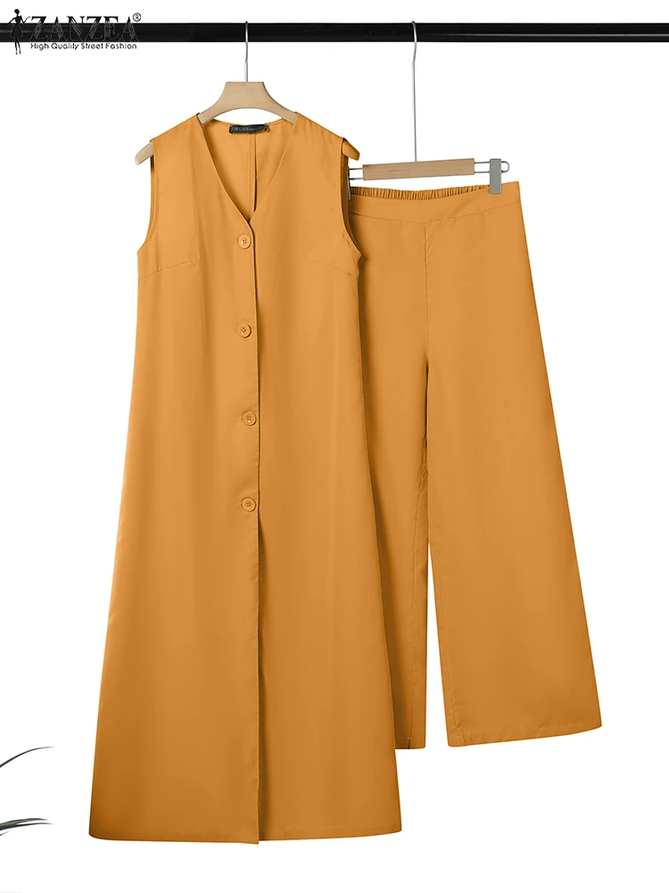 

ZANZEA Wide Leg Pants 2025 Summer 2 Piece Sets Sleeveless Long Tops Commute Solid Women Street Fashion Pant Sets 2PCS Outfits