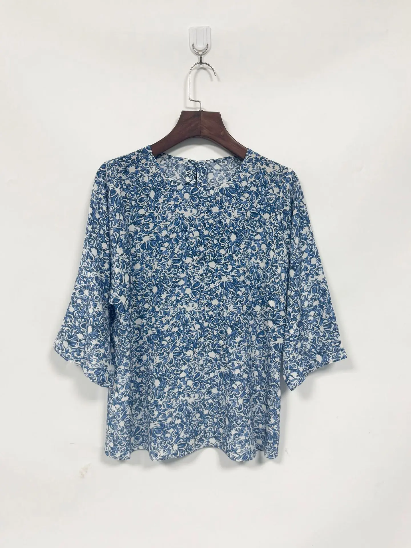 

MA25 Spring Summer New Silk Printed 3/4 Sleeve T-Shirt Commute Versatile 100% Silk Women's Shirt Regular Thickness