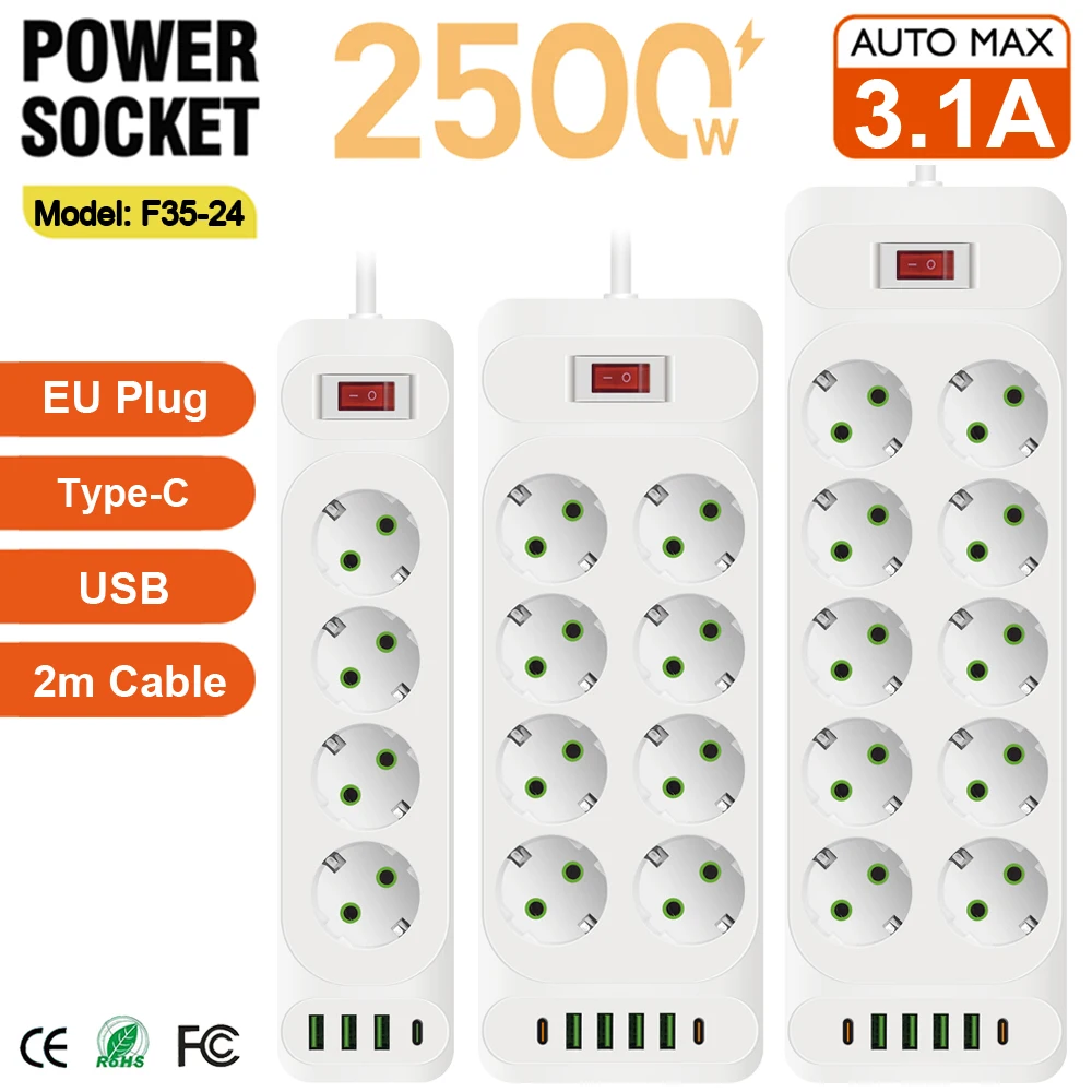 EU Plug AC Outlet Multitap Power Strip 2m Extension Cable Electrical Socket Smart USB Home Office Surge Protector Network Filter