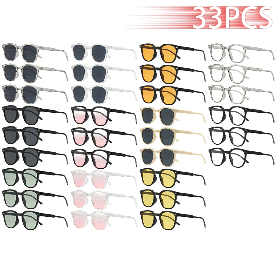 33-teiliges Modisches Unisex-Set: Kleine Runde Sonnenbrille mit Farbverlauf in Rosa, Klassische Metalldekoration für Damen und Herren