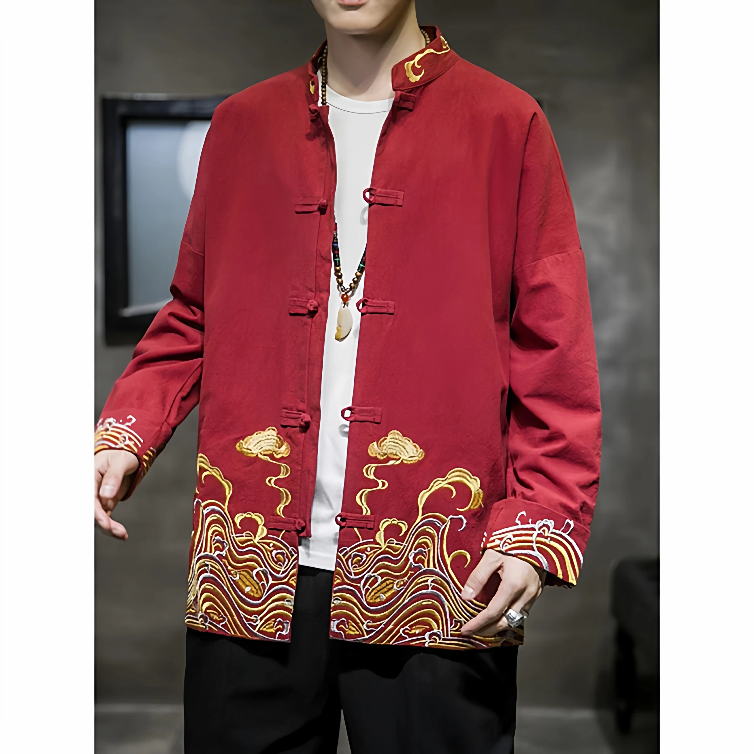 

Loose Men's Linen Jacket Embroidered Dragon And Wind Pattern Youthful Autumn Outerwear Traditional Chinese Style Coat