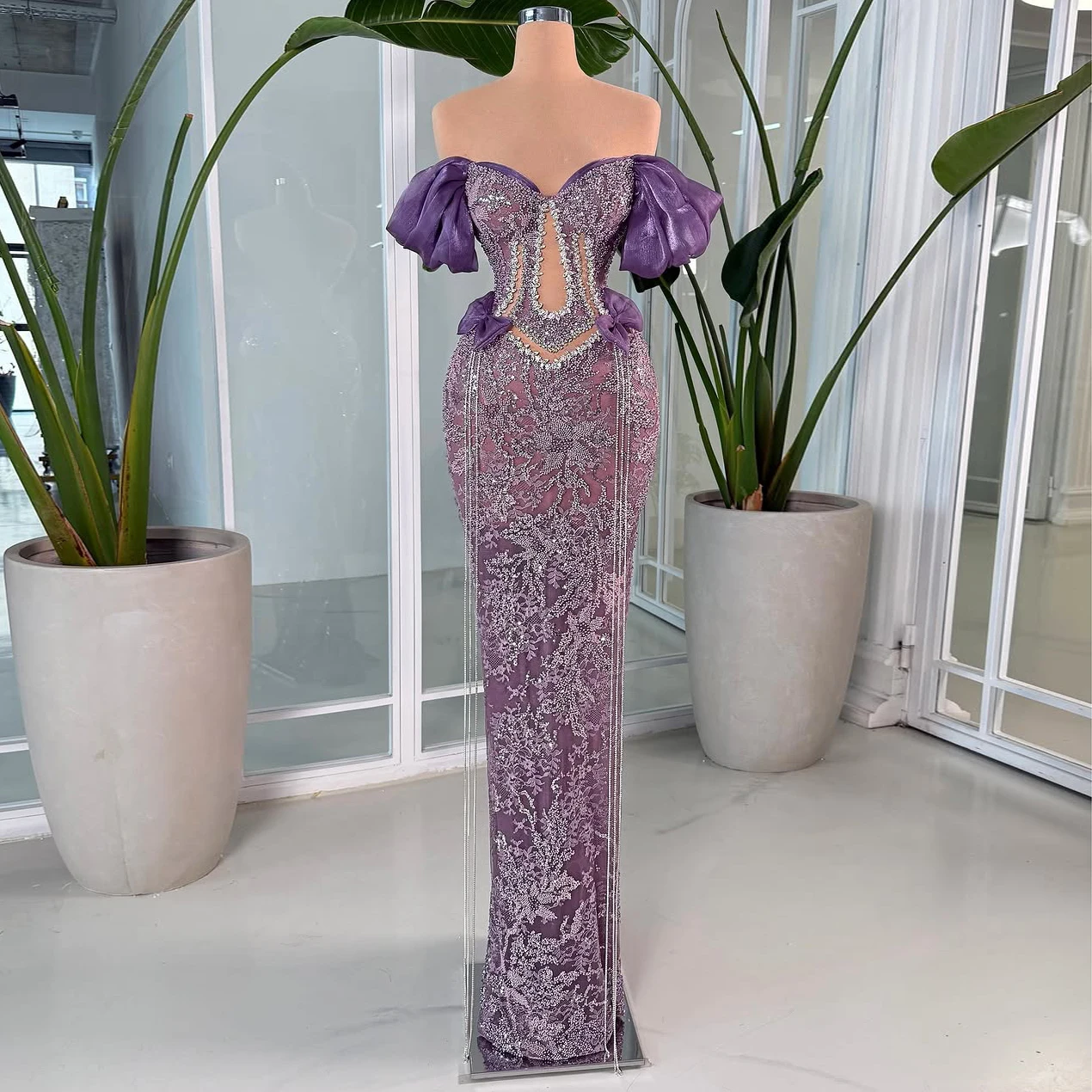 

Off Shoulder Purple Mermaid Evening Dress Elegant Lace Formal Prom Dress Crystal Beaded Tassel Engagement Party Dress Customized