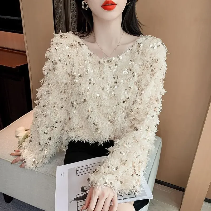 

Fashion sequined tassel pullover sweater women's autumn and winter new fashion design sense niche western-style top.