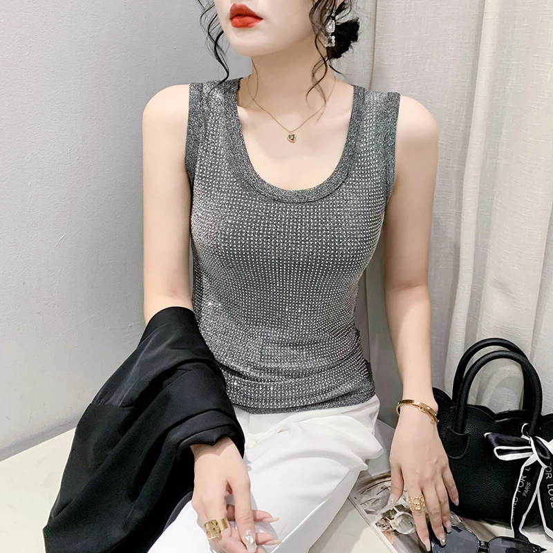 MadBlack Summer European Clothes Sleeveless Tank Tops Women Sexy Fashion Round Collar Full Drilling Slim Elastic Vests T34859M