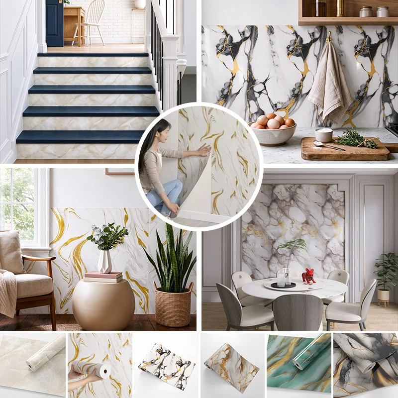 1Roll Marble Wall Sticker Waterproof anti Fouling Oil Proof PET Self-Adhesive Wallpaper Kitchen Wall Sticker for Indoor Spaces