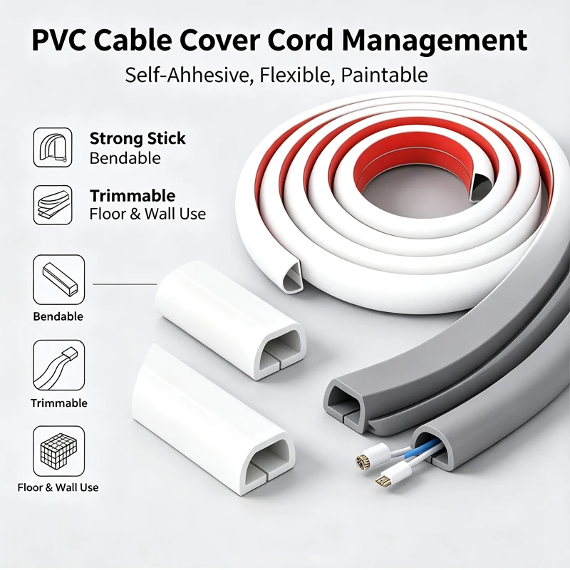 3M Self-Adhesive PVC Cable Management Strip Flexible Decorative Wire Protection Strip Suitable for Covering Wires on Walls Floor
