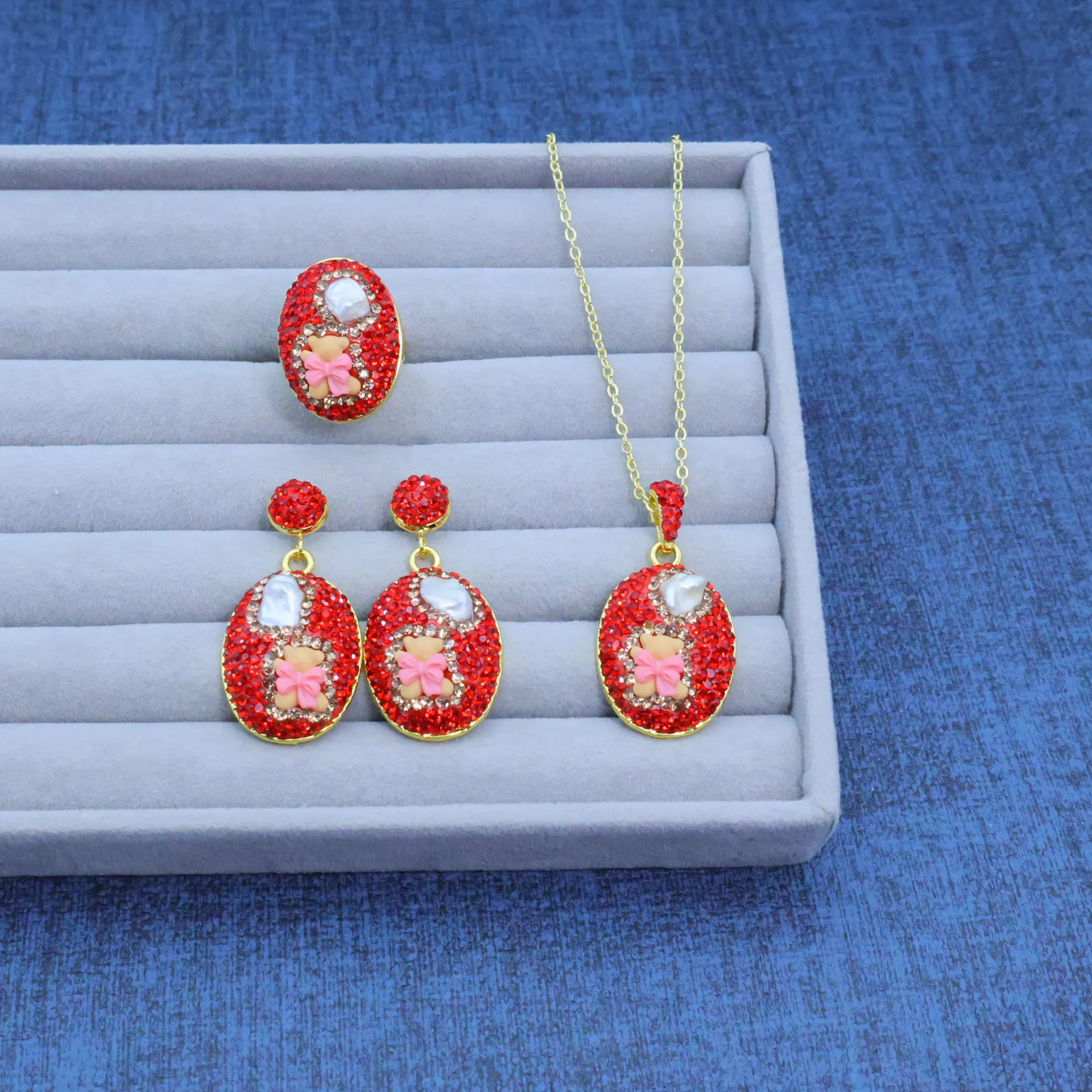 DIY accessories New style sweet and cute bow natural pearl red crystal jewelry DIY three-piece set earrings necklace ring