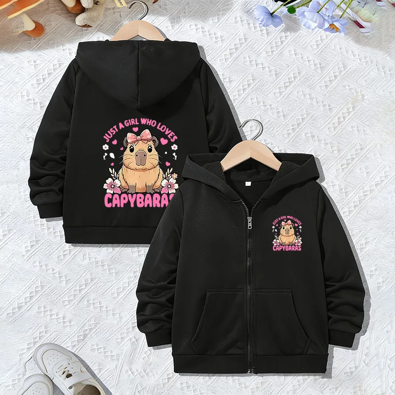 Funny Casual Hoodie Just A Girl Who Love Capybara Jacket Girls Zipper Spring Autumn Trendy Animal Cartoon Sweatshirts Zip Up