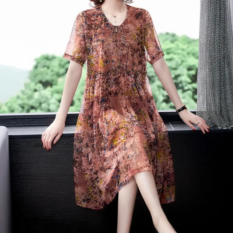 2024New Summer Women\'s Dress Korean Printed Mid Long Dress Loose Elegant Middle-aged Female Mesh Dresses Women\'s Clothing 4XL