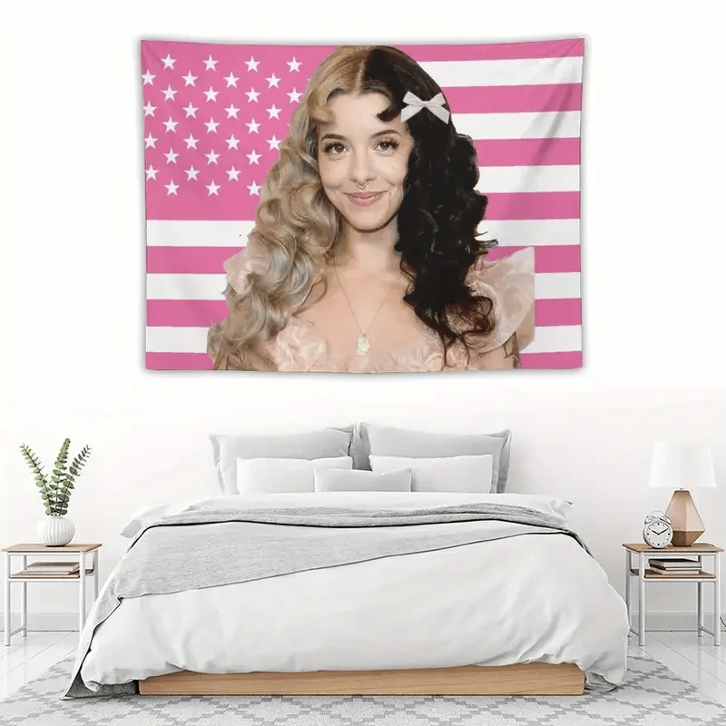 1pc M-Melanie M-Martinez American Flag Tapestry with Pink & White Stripes & Stars, Perfect Gift for Fans,  Bedroom, Living Room,