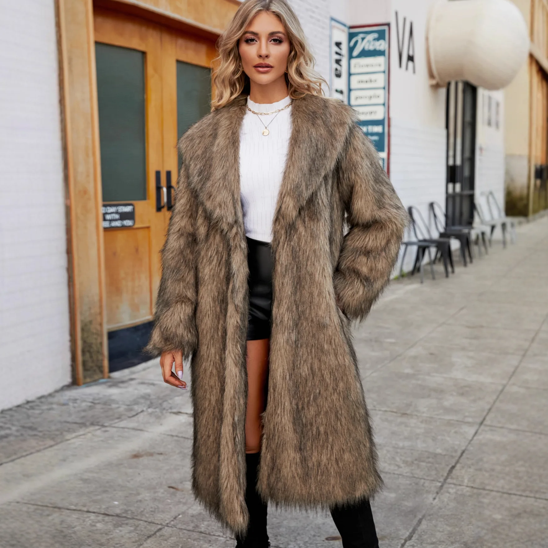 

New Womens Long Faux Fur Coat Lapel Collar Oversized Fluffy Winter Outerwear for Streetwear Party