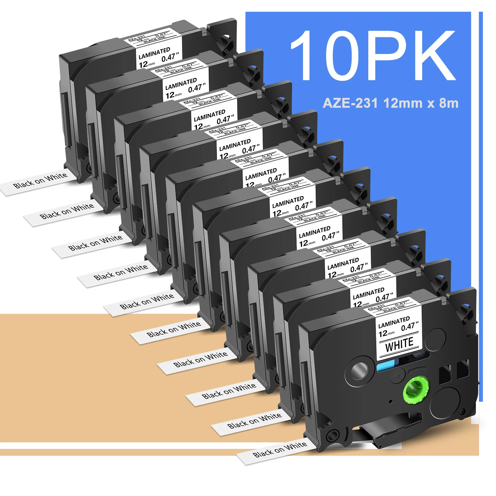 

10PK Black on White 12mm Laminated Label Tape Compatible for Brother TZE-231 Label Cartridge for Brother P-Touch PT-1000 Printer