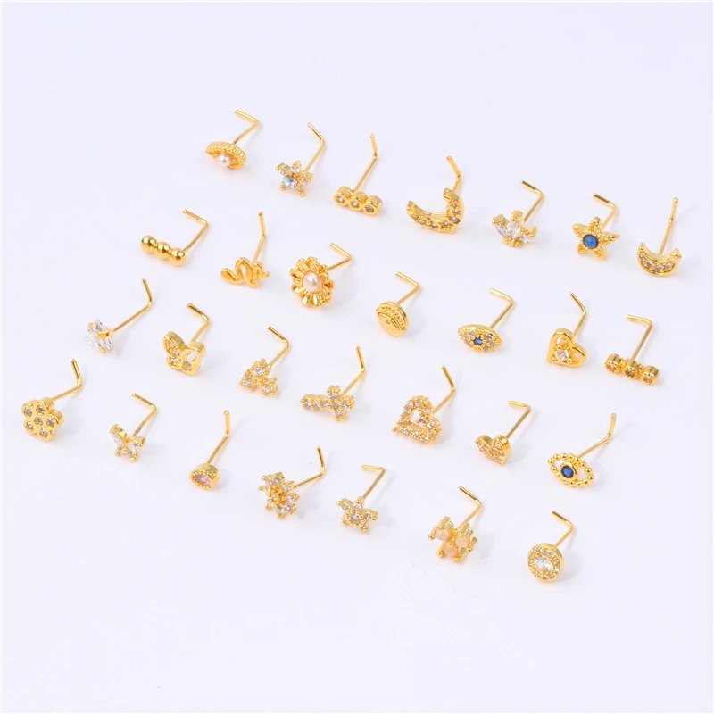 L Shape Pin Nose Studs Ring for Women Girl 18K Gold Plated Eyes Flower Star Shape Nose Pin CZ 20G