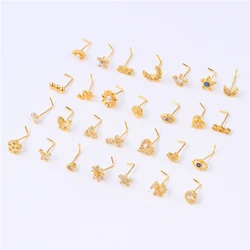 L Shape Pin Nose Studs Ring for Women Girl 18K Gold Plated Eyes Flower Star Shape Nose Pin CZ 20G