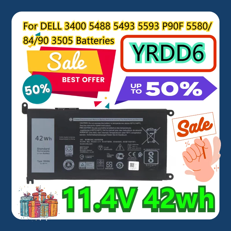 

Для DELL 3400 5488 5493 5593 YRDD6 P90F 5580/84/90 3505 11,4 В 42 Втч аккумуляторы