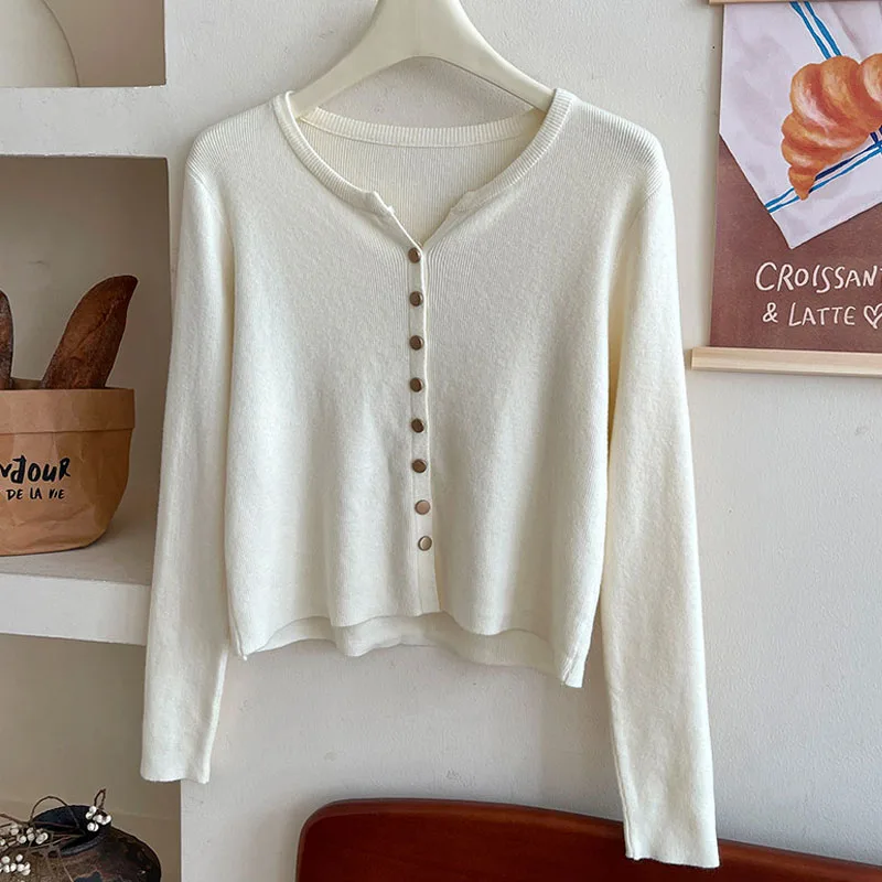 

Вязаный кардиган для женщин, новый, с длинным рукавом, белый, с круглым вырезом, трикотажный свитер, женские топы, трикотаж Q3049