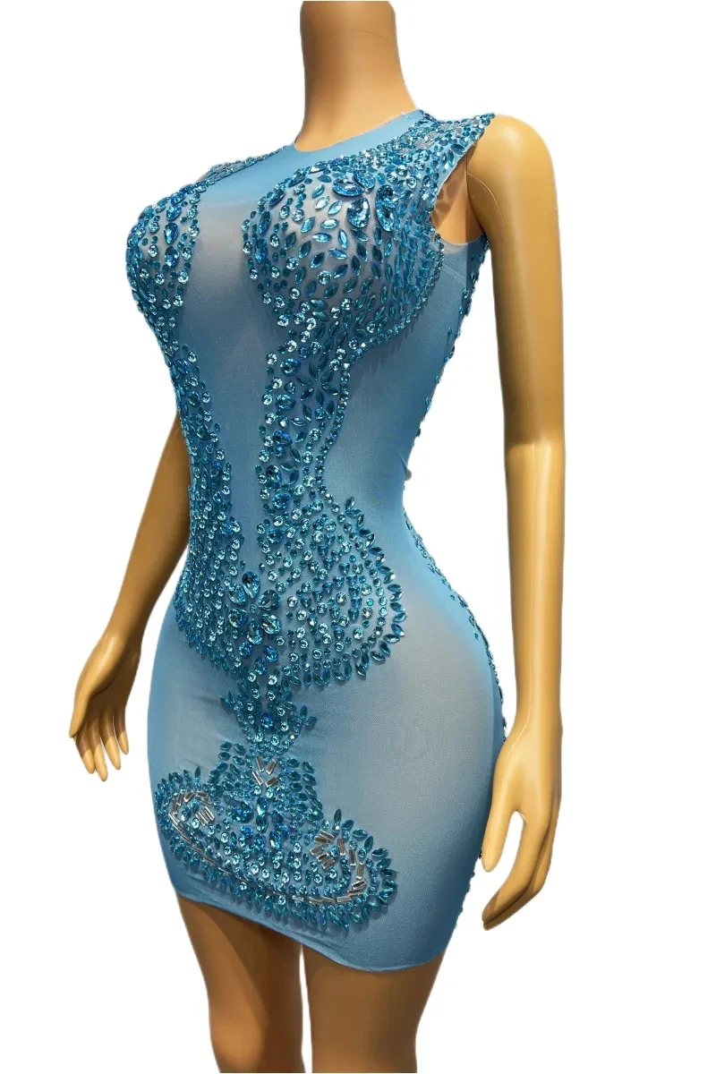 Vestido curto de malha transparente para mulheres, strass azul, comemoração à noite, festa de aniversário, traje de palco