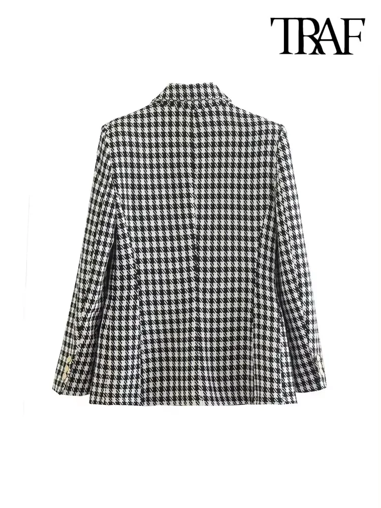 TRAF Women Fashion Double Breasted Houndstooth Blazer Coat Vintage Long Sleeve Flap Pockets Female Outerwear Chic Vestes