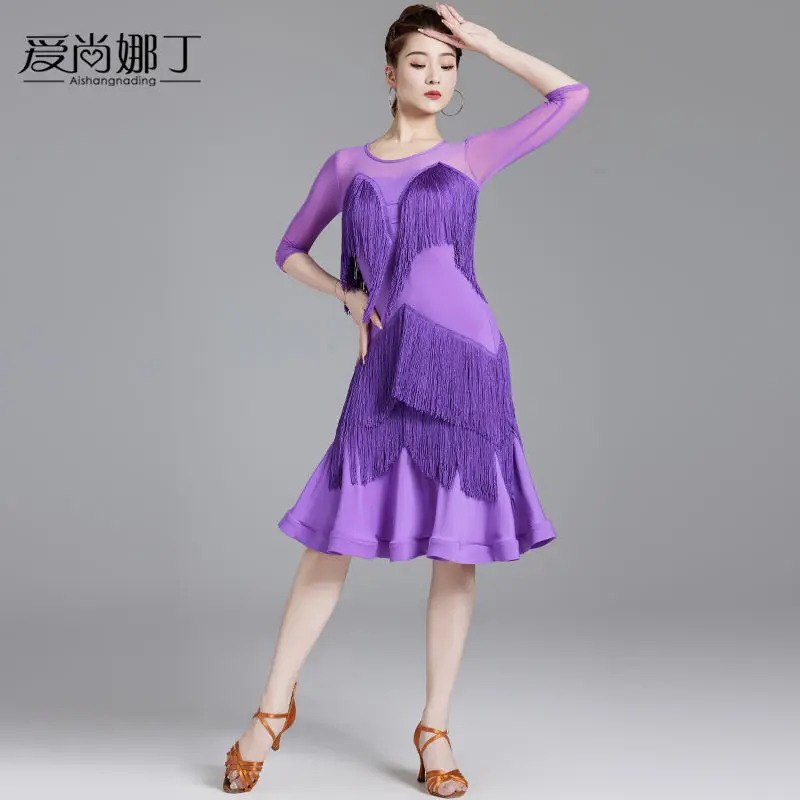 

Latin Dance Skirt New Practice Clothing Female Adult Square Dance Mid Sleeve Tassel Dance Dress Set