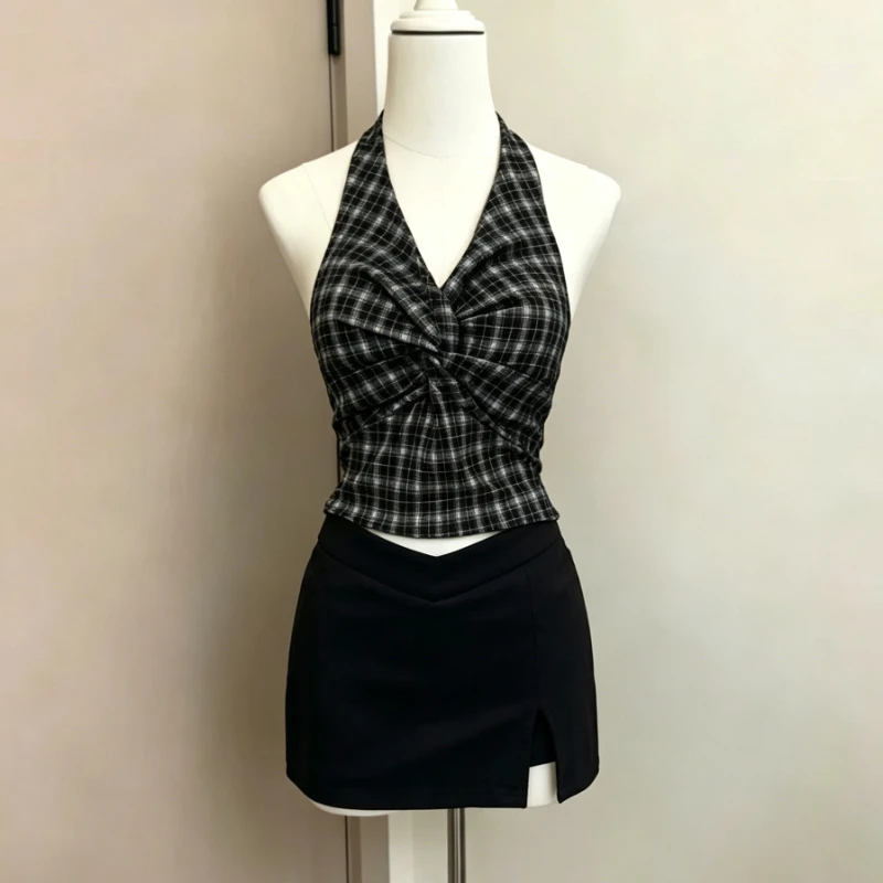 

Summer Casual Spicy Girl 2 Piece Set Women Plaid Halter Tops high Waist Mini Skirt Suit Female Chic Retro Korean Popular Clothes