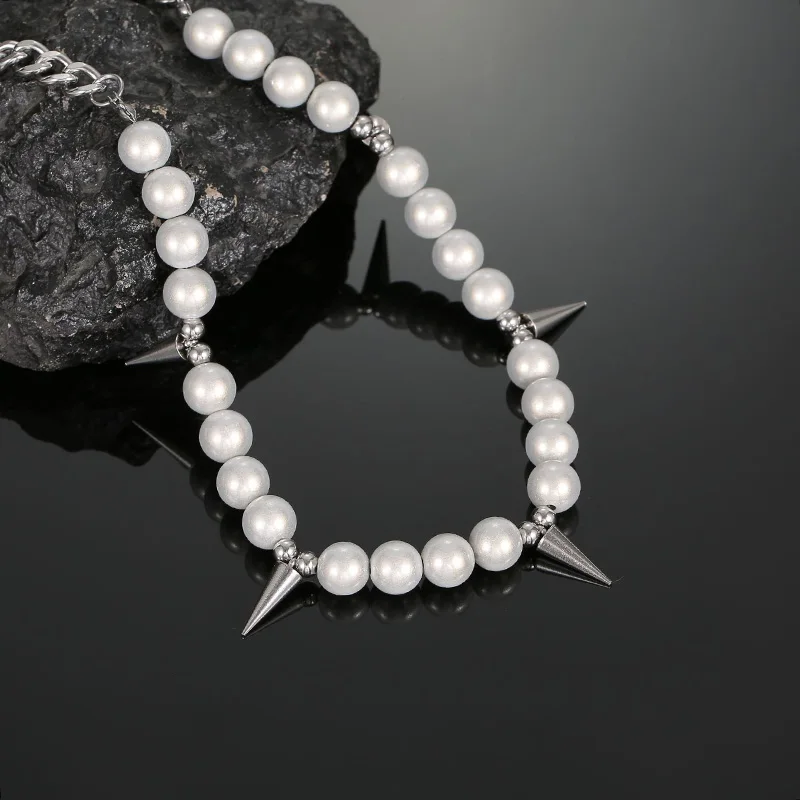 Reflective Pearl Beads Necklace Stainless Steel Chains Rivet Choker Necklace for Women Men Punk Collar Chain Gothic Accessories