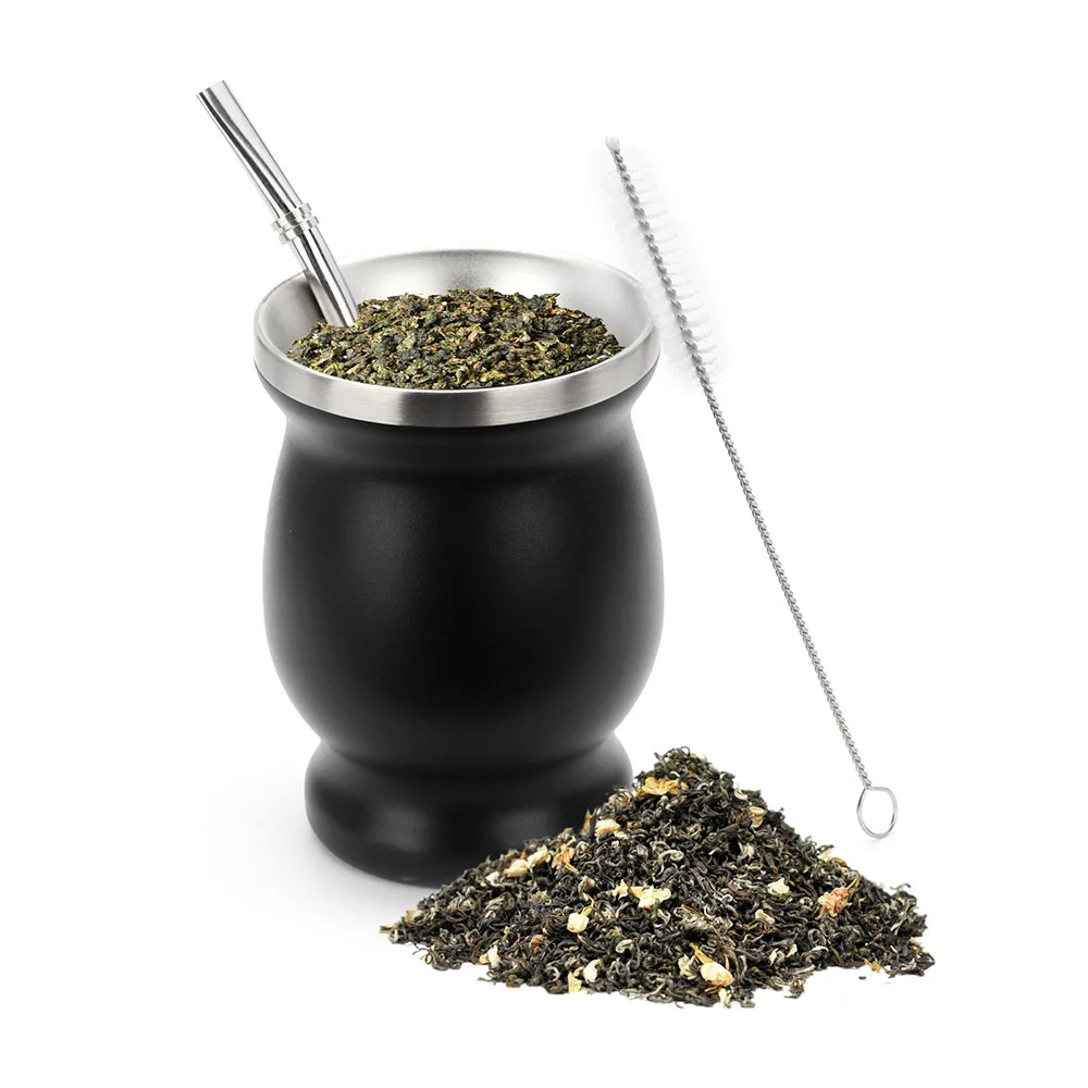 Yerba Mate Cup 8oz Double Wall Argentine Yerba Mate Gourd With Bombillas and Cleaning Brush