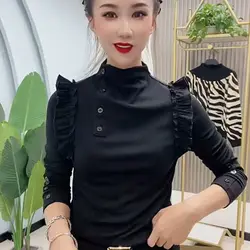 Autumn New Fashion Small Shirt Lotus Leaf Edge Design Slimming Trendy and Age Reducing Stylish and Versatile T-shirt for Women