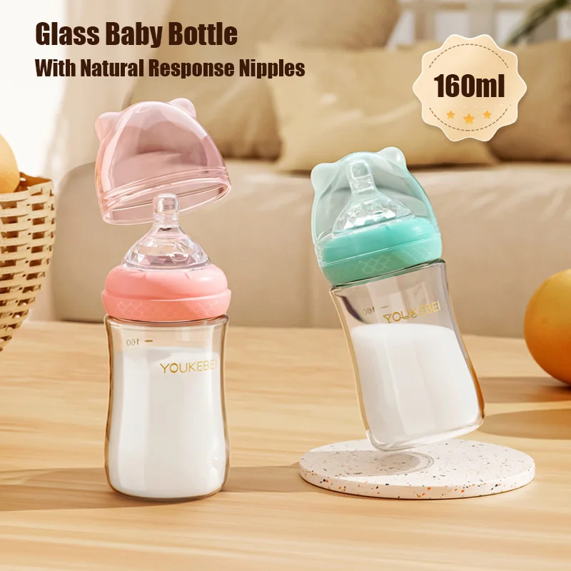 

160ML Natural Glass Baby Bottle With Natural Response Nipple Newborn Anti-Colic Baby Bottles Wide Neck Toddler Bottle