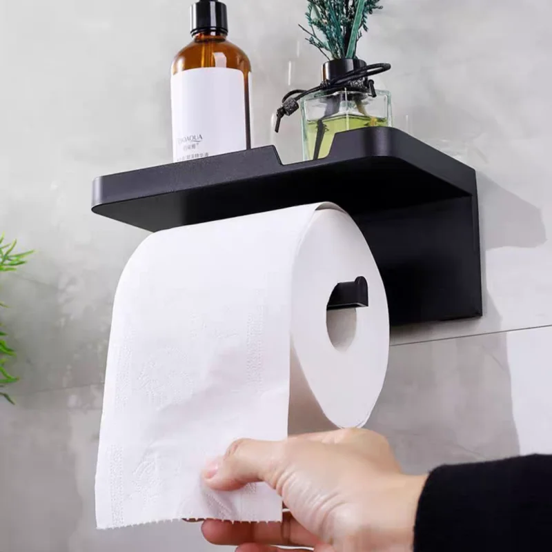 Soporte de plástico para papel higiénico, estante de almacenamiento sin taladro, estante adhesivo para pañuelos, estante de almacenamiento que ahorra espacio con estante y soporte para teléfono
