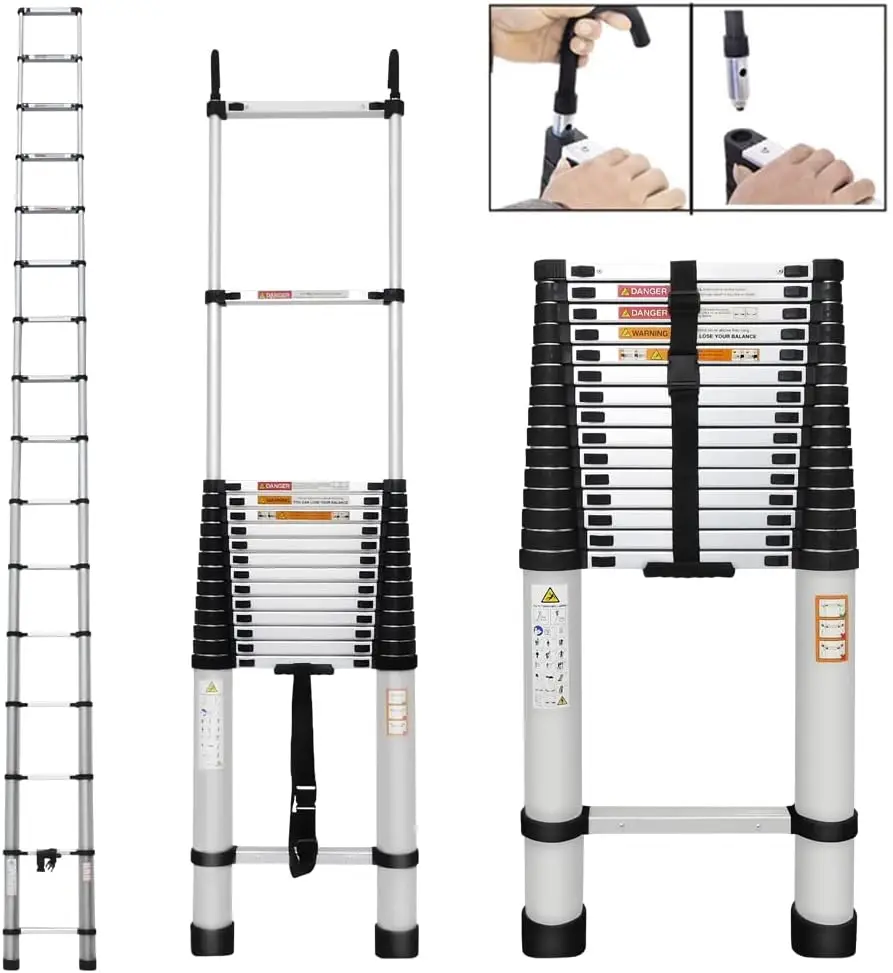 Aluminum Extension Ladder with Roof Hooks 20FT Portable Telescopic Ladder Collapsible Ladder for RV 2 Detachable Hooks Fo