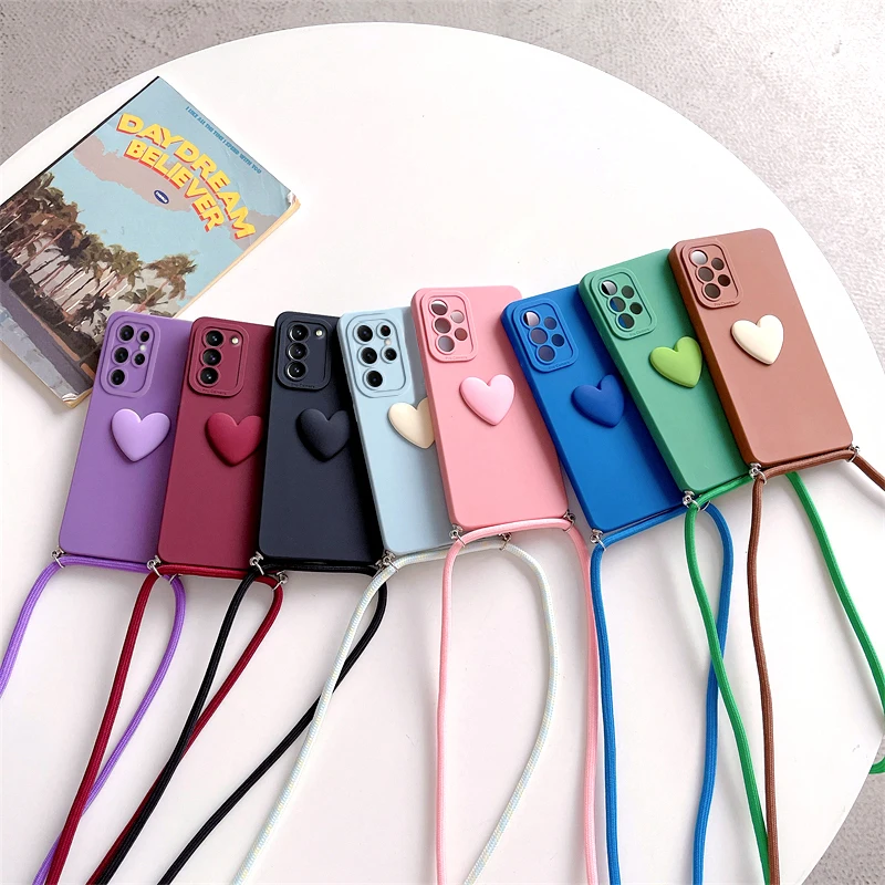 S 21 22 23 Love Heart Crossbody Lanyard Case For Samsung Galaxy S22 S21 S23 Plus Ultra S20 Fe Cord Silicone Cover S23plus S21fe