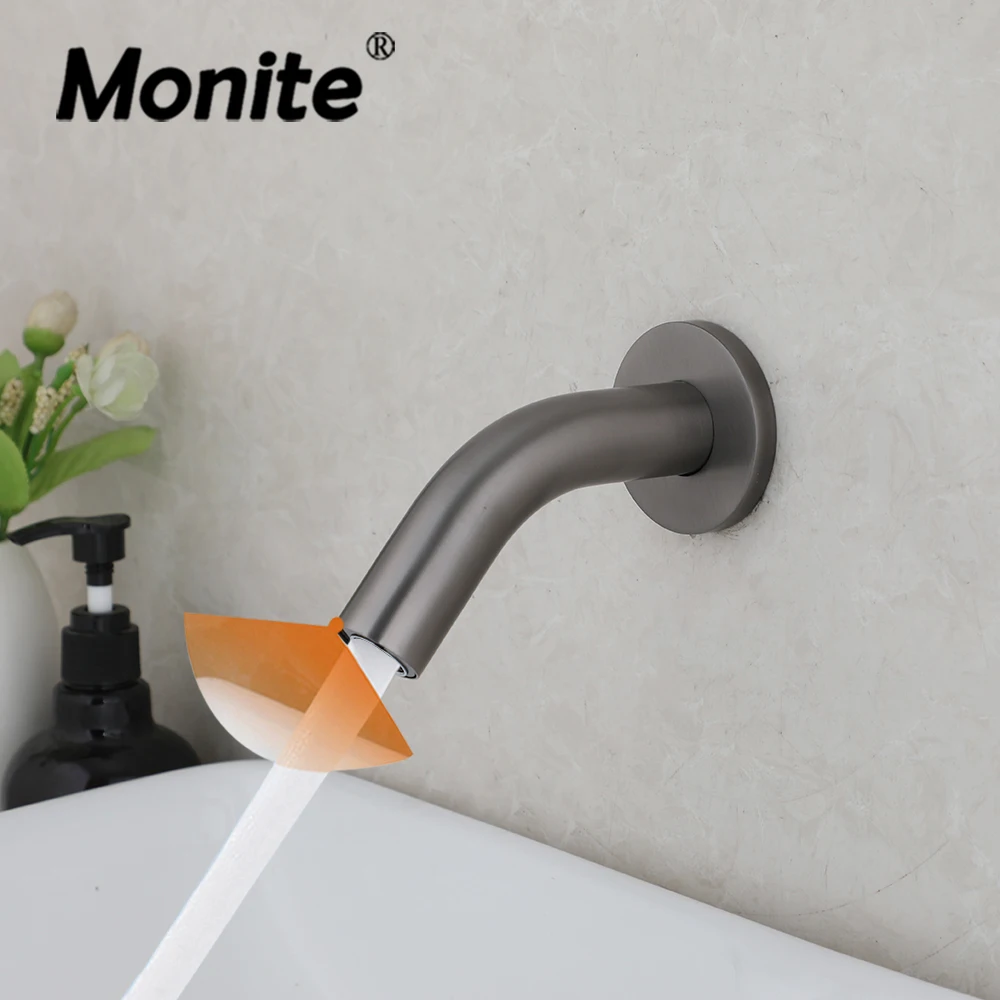 

Monite Brushed Gun Gray Bathroom Faucet Hot & Cold Touch Sensor Wall Mounted Battery Power Automatic Basin Sink Mixer Tap